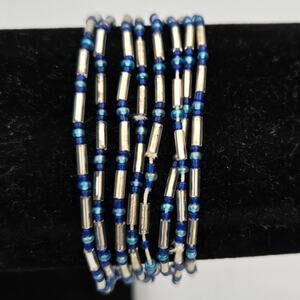 Eight Strand Clear and Blue Bead Thin Stretchy Bracelets Stackable